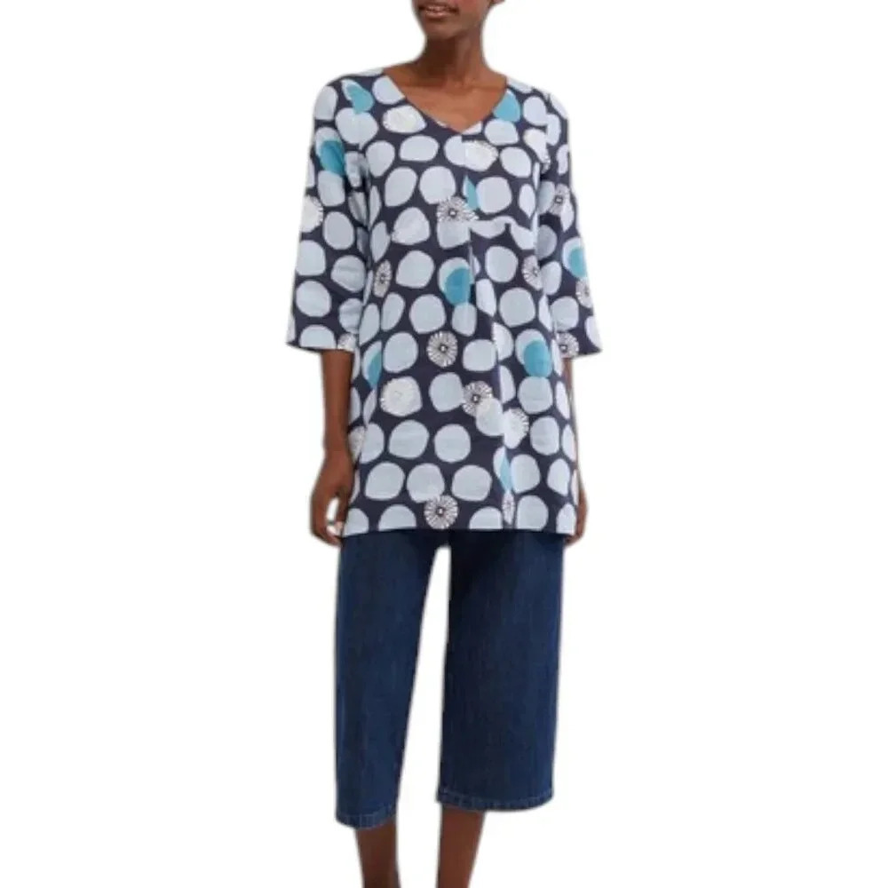 White Stuff Linen Tunic Top Shirt Blue Polka Dot Floral Size 6